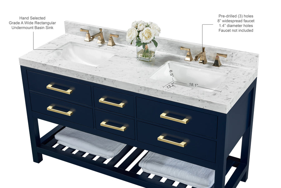 Elizabeth Bathroom Vanity Cabinet Set Collection - Ancerre Designs 60 inch | Double Sink Heritage Blue Brushed Gold