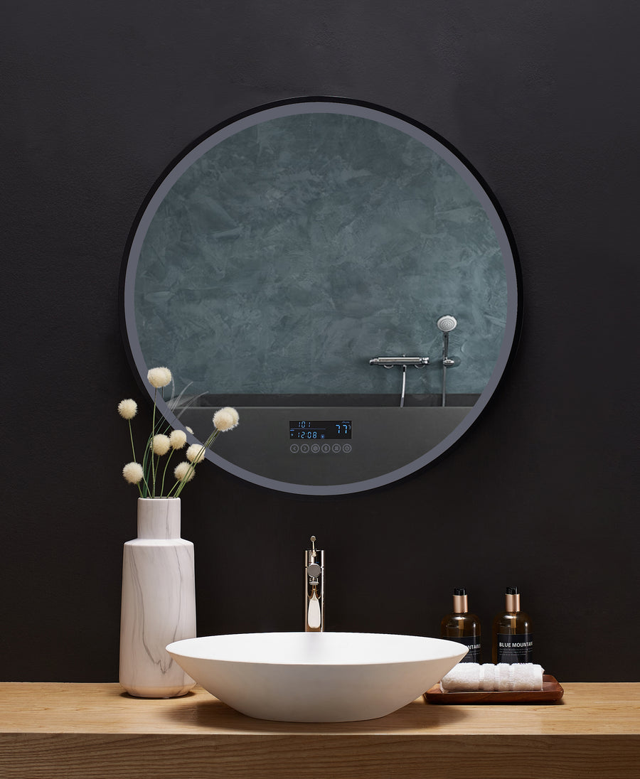 Cirque Round LED Lighted Bathroom Vanity Black Framed Mirror - Ancerre Designs 30 inch. Bluetooth