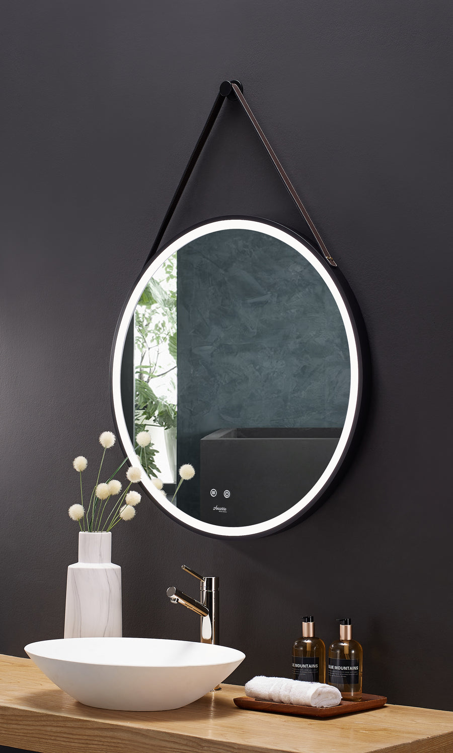 Sangle Round LED Mirror Black Framed Lighted Bathroom Vanity Mirror and Vegan Leather Strap - Ancerre Designs 24 inch.