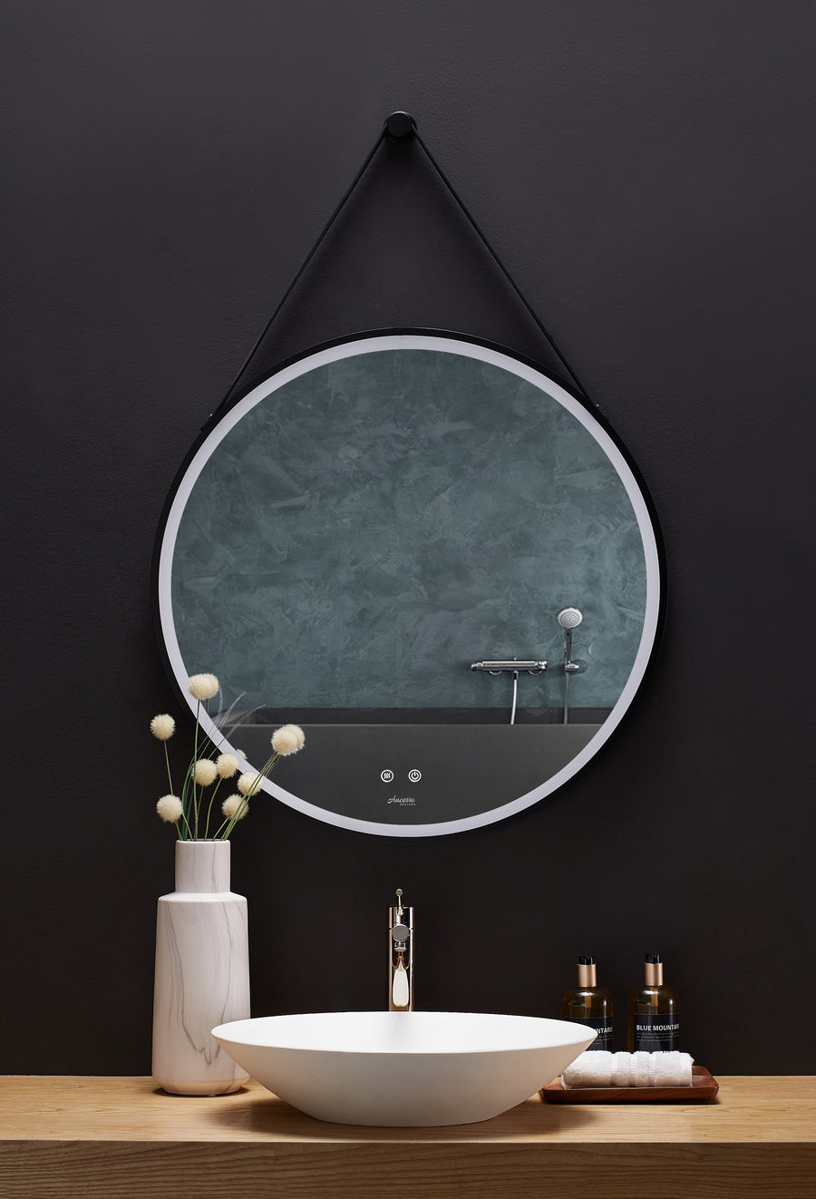 Sangle Round LED Mirror Black Framed Lighted Bathroom Vanity Mirror and Vegan Leather Strap - Ancerre Designs 30 inch.