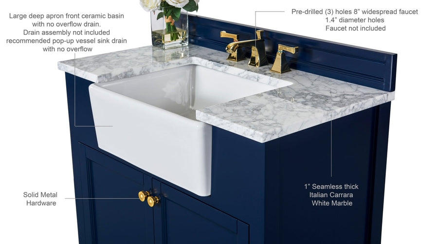 Adeline Bathroom Vanity with Farmhouse Sink  - Ancerre Designs 36 inch | Single Sink Heritage Blue