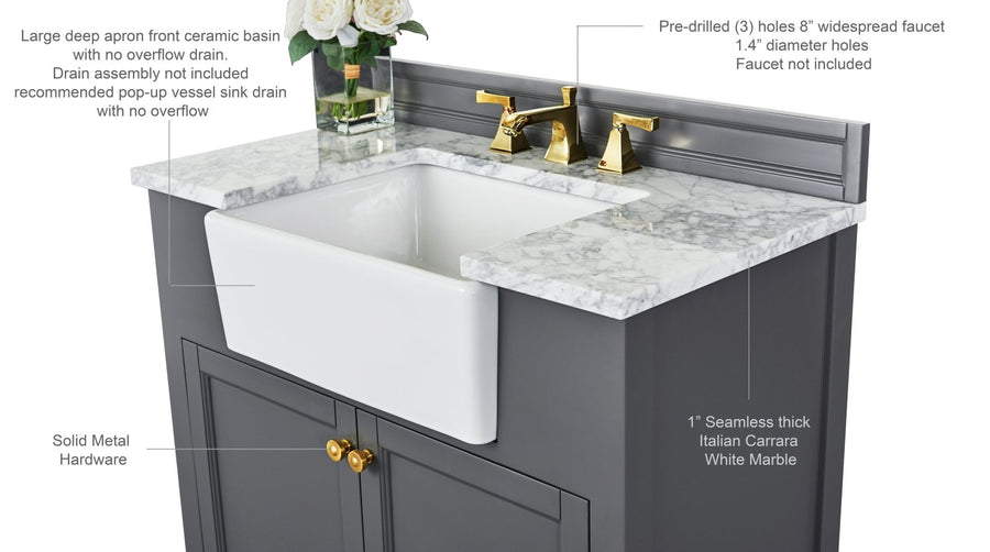 Adeline Bathroom Vanity with Farmhouse Sink  - Ancerre Designs 36 inch | Single Sink Sapphire Gray