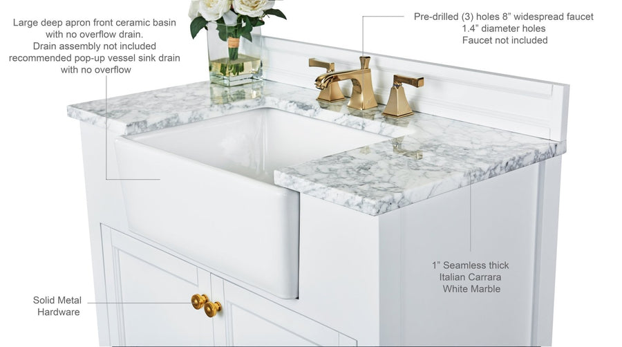 Adeline Bathroom Vanity with Farmhouse Sink  - Ancerre Designs 36 inch | Single Sink White