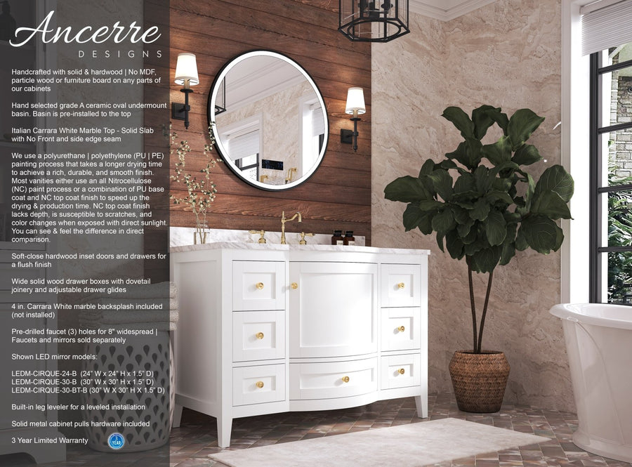 Lauren Bathroom Vanity with Sink and Carrara White Marble Top Cabinet Set - Ancerre Designs Brushed Gold 48 inch. | Single Sink