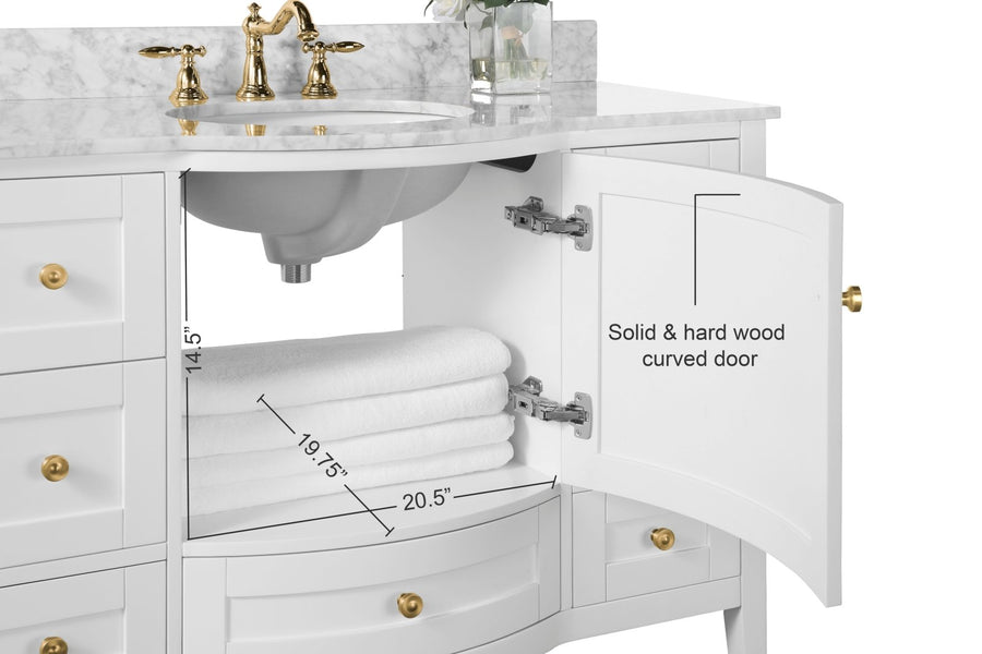 Lauren Bathroom Vanity with Sink and Carrara White Marble Top Cabinet Set - Ancerre Designs Brushed Gold 48 inch. | Single Sink