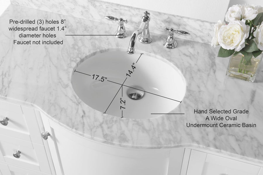 Lauren Bathroom Vanity with Sink and Carrara White Marble Top Cabinet Set - Ancerre Designs Brushed Nickel 48 inch. | Single Sink