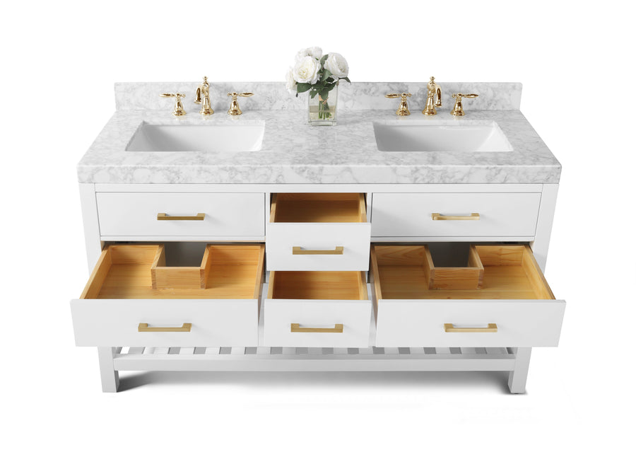 Elizabeth Bathroom Vanity Cabinet Set Collection - Ancerre Designs 60 inch | Double Sink White Brushed Gold