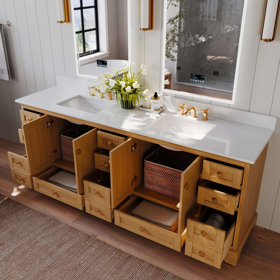 Audrey bathroom vanity in Sienna finish with a White Quartz top and elegant storage compartments.