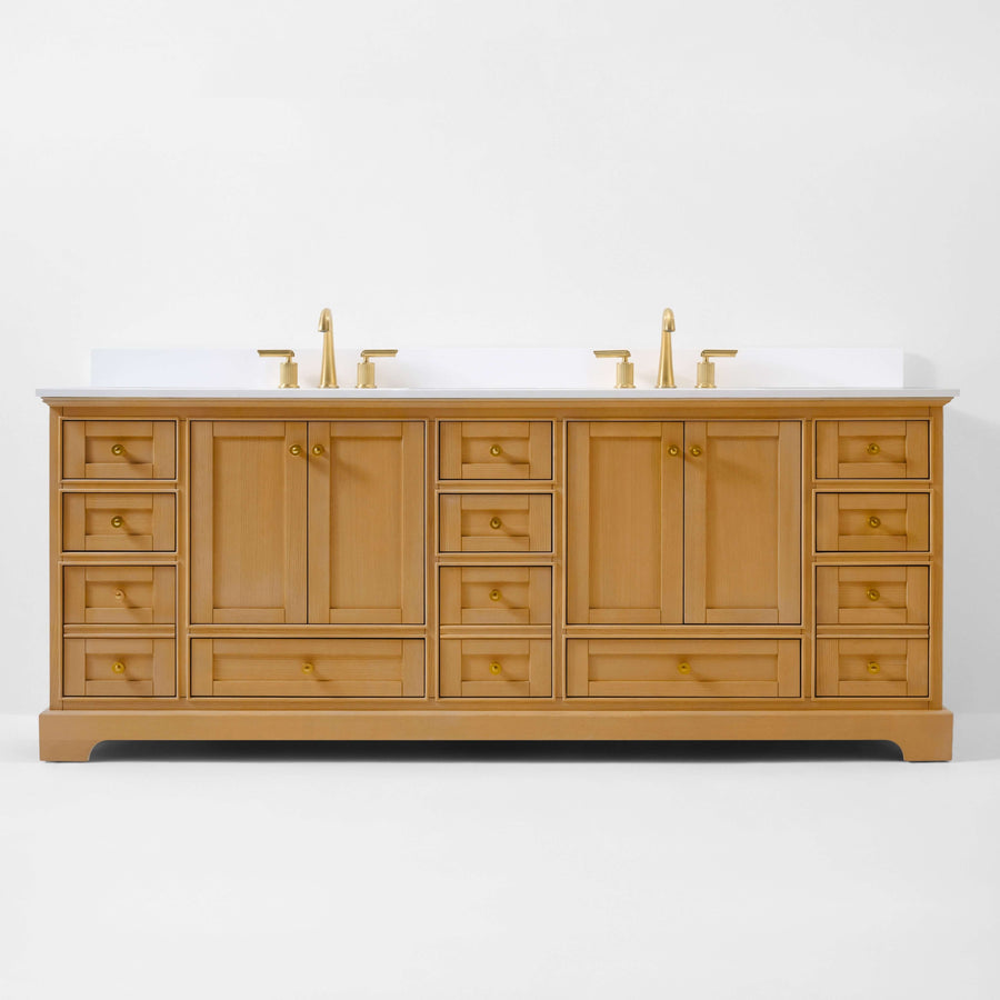 Audrey Bathroom Vanity in Sienna Finish featuring a White Quartz top and elegant design.