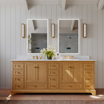 Audrey bathroom vanity in Sienna finish with dual mirrors and decorative lighting, showcasing elegance and quality craftsmanship.