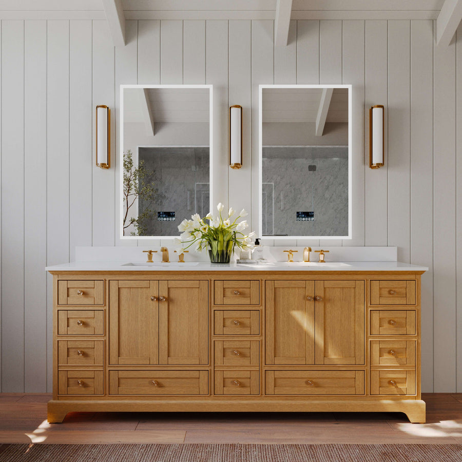 Audrey bathroom vanity in Sienna finish with dual mirrors and decorative lighting, showcasing elegance and quality craftsmanship.