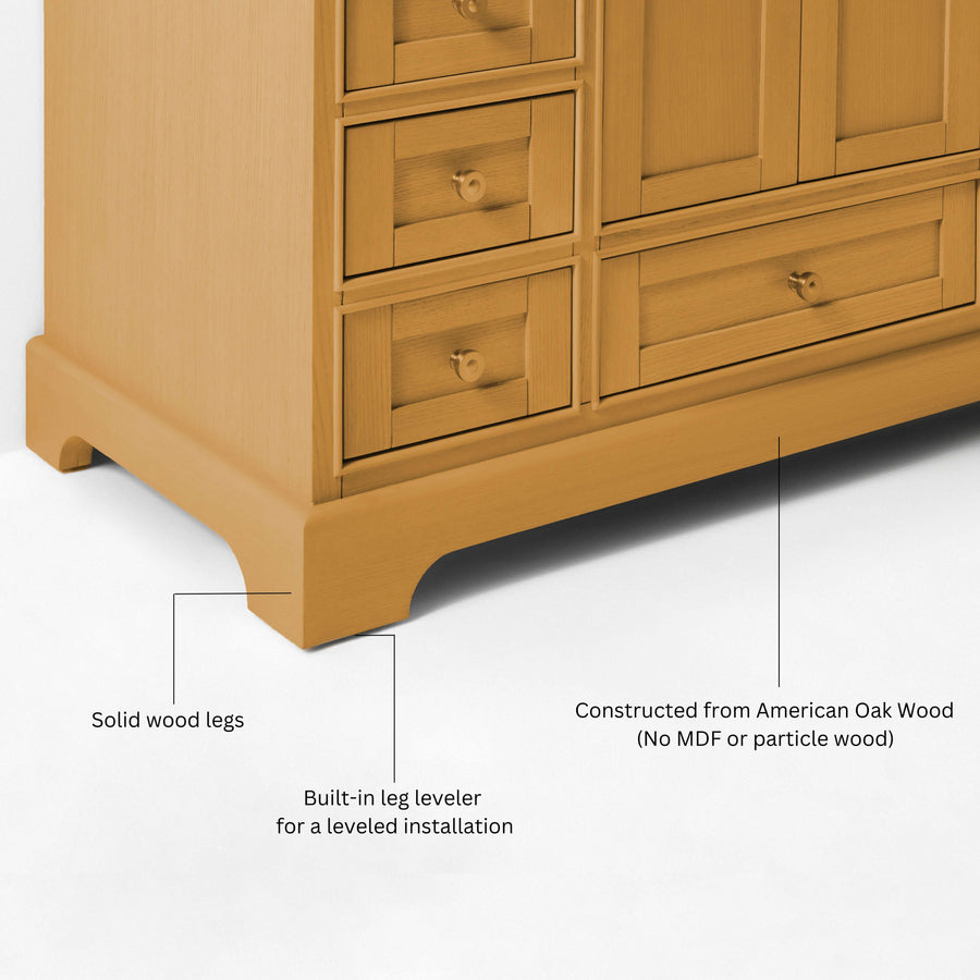Audrey bathroom vanity in Sienna finish with solid wood legs and American Oak wood construction, showcasing elegance and quality.