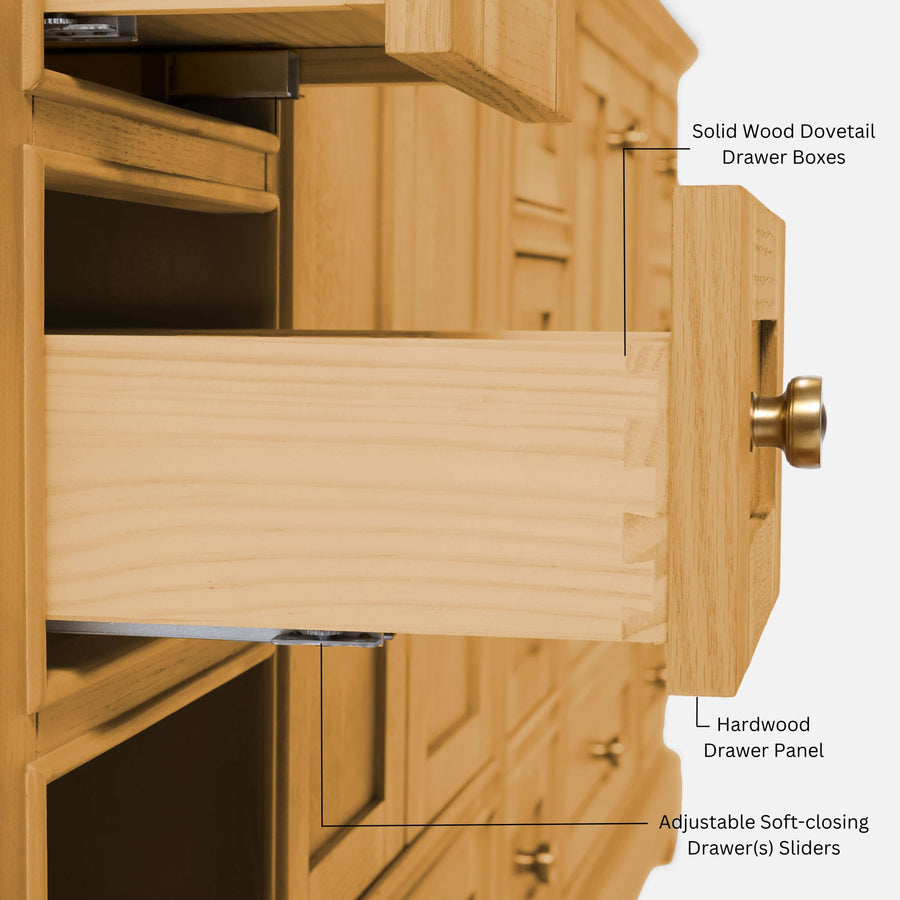 Audrey bathroom vanity solid wood dovetail drawer boxes with adjustable soft-closing sliders and hardwood drawer panel
