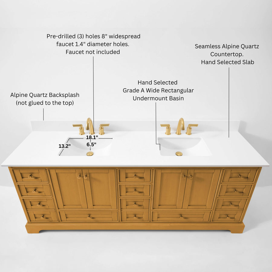 Audrey bathroom vanity in Sienna finish with Alpine Quartz countertop and undermount sinks, showcasing elegant craftsmanship.