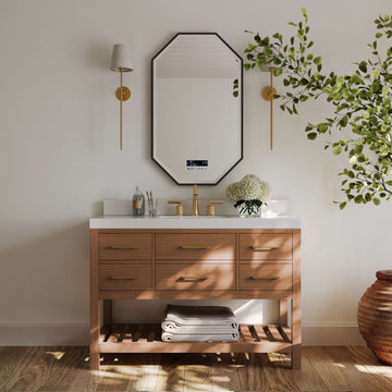 Elizabeth bathroom vanity set in Sienna finish with marble top and elegant accessories in stylish bathroom setting.