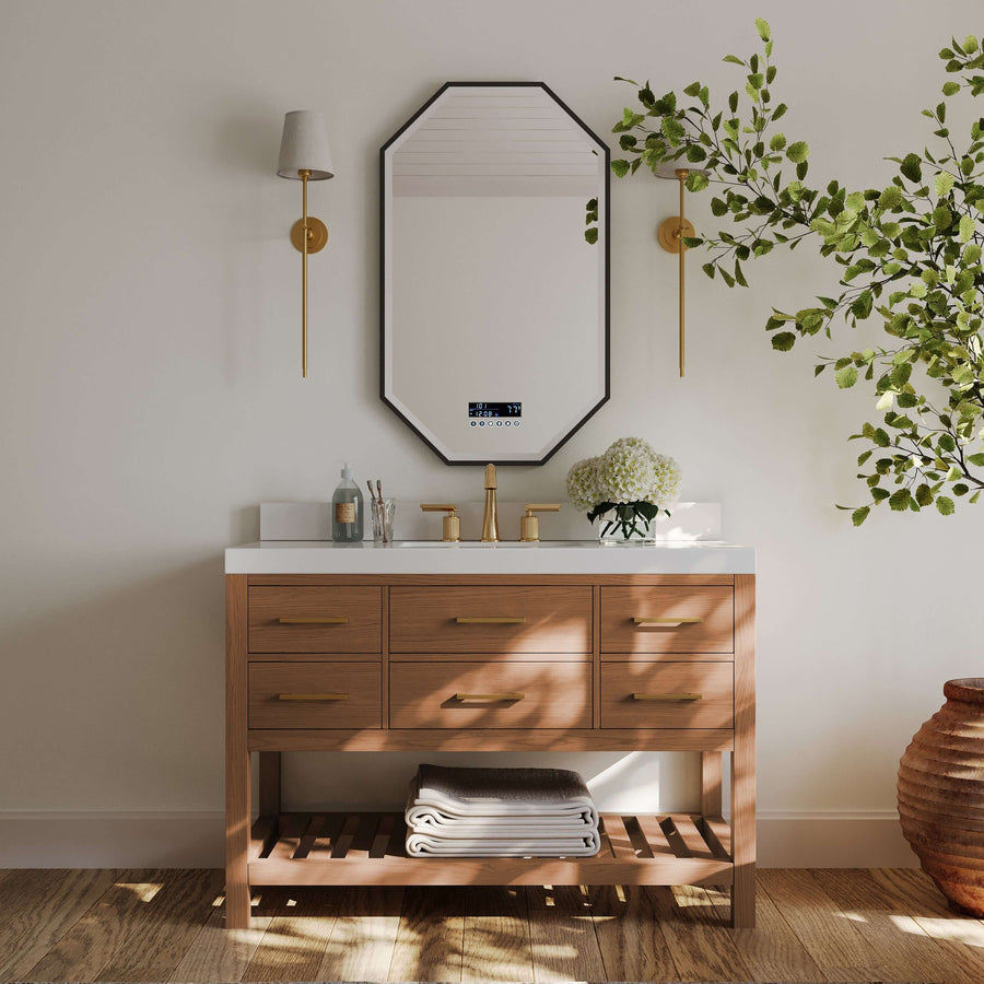 Elizabeth bathroom vanity set in Sienna finish with marble top and elegant accessories in stylish bathroom setting.
