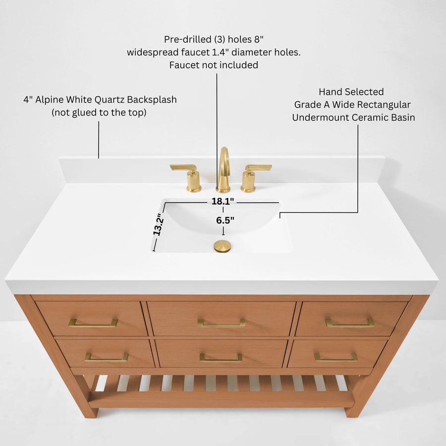 Elizabeth bathroom vanity set with white quartz top and gold fixtures, featuring 4 inch backsplash and ceramic basin