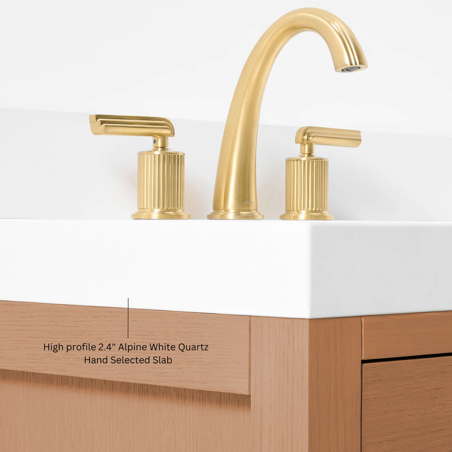 Elizabeth bathroom vanity set with Alpine White Quartz countertop and elegant gold faucet.