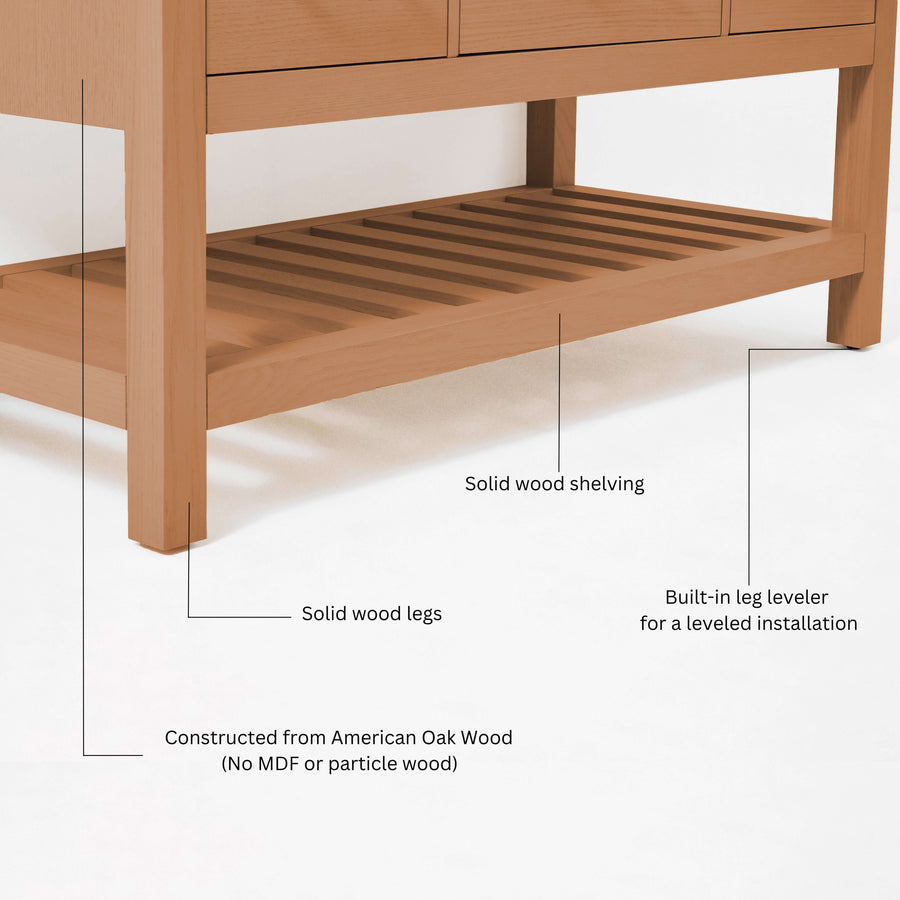 Elizabeth bathroom vanity set features solid oak wood construction, shelving, and built-in leg levelers for stability.