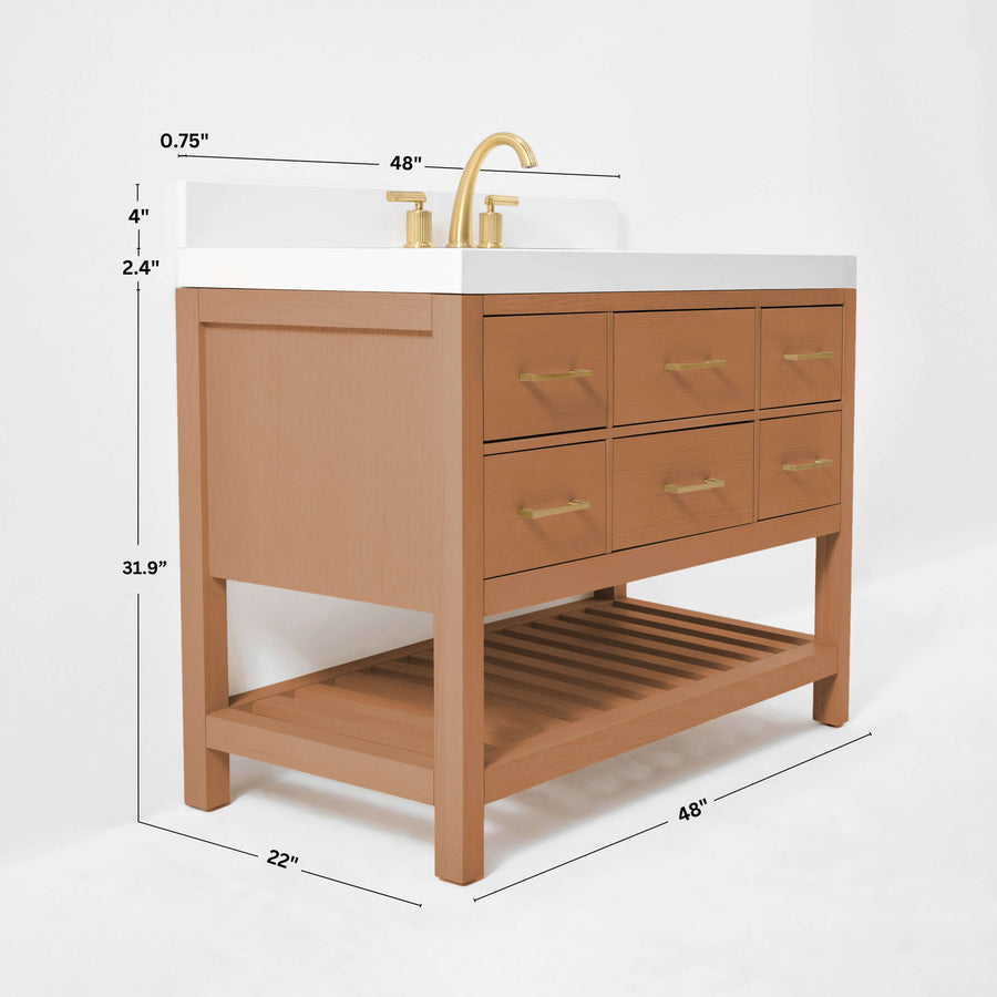 Elizabeth bathroom vanity set in Sienna finish with gold hardware and marble top, featuring six drawers and dimensions.