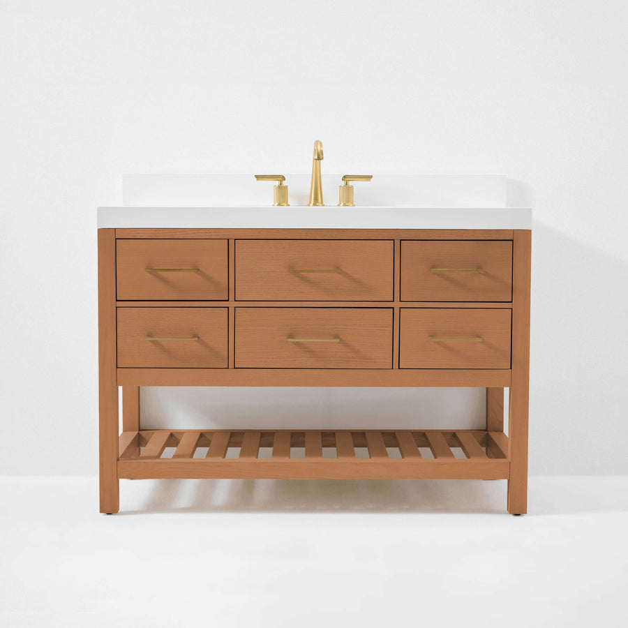 Elizabeth bathroom vanity set in Sienna finish with gold hardware and white marble top.