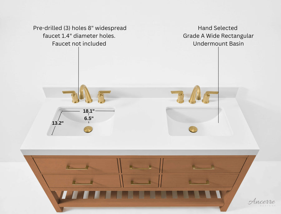 Elizabeth bathroom vanity set with pre-drilled holes, dual basins, and gold faucet fittings in Sienna finish.