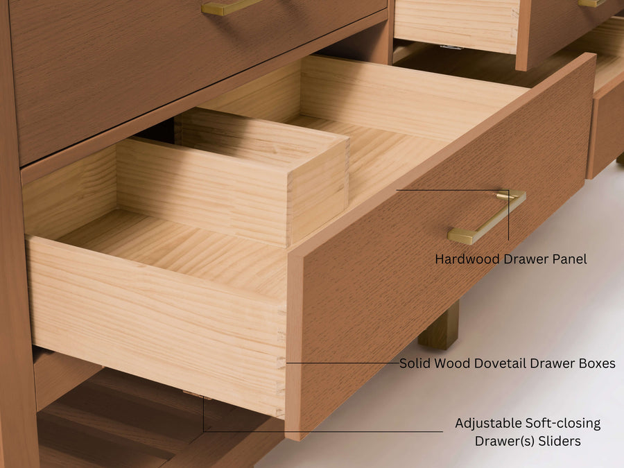 Interior view of the Elizabeth bathroom vanity set showcasing hardwood drawer panels and soft-closing sliders.