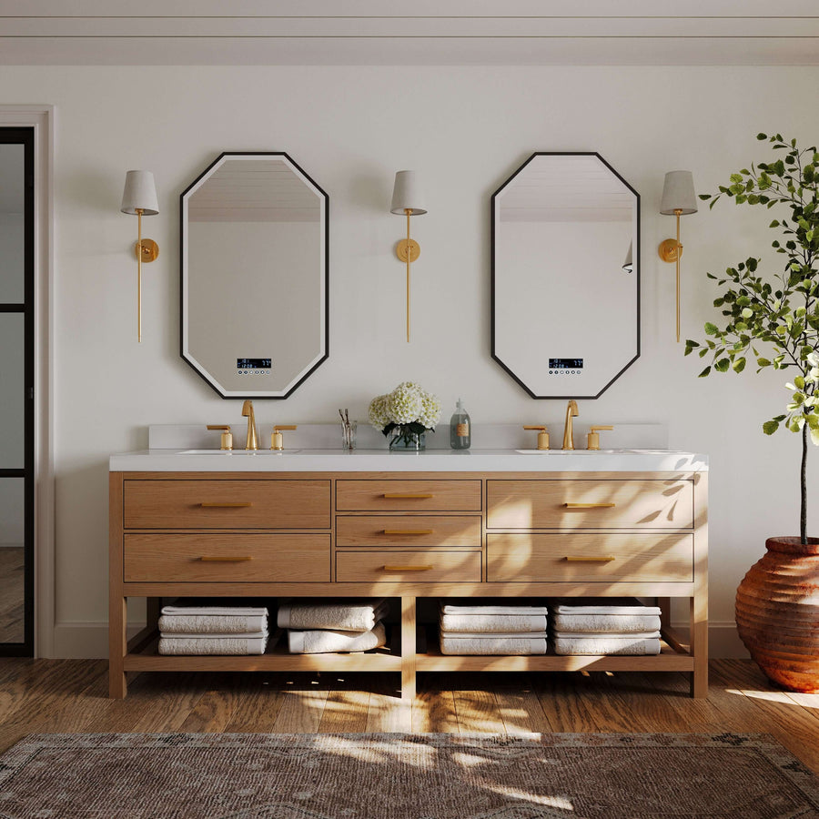 Elizabeth bathroom vanity set in Sienna finish with dual mirrors and decorative plants.