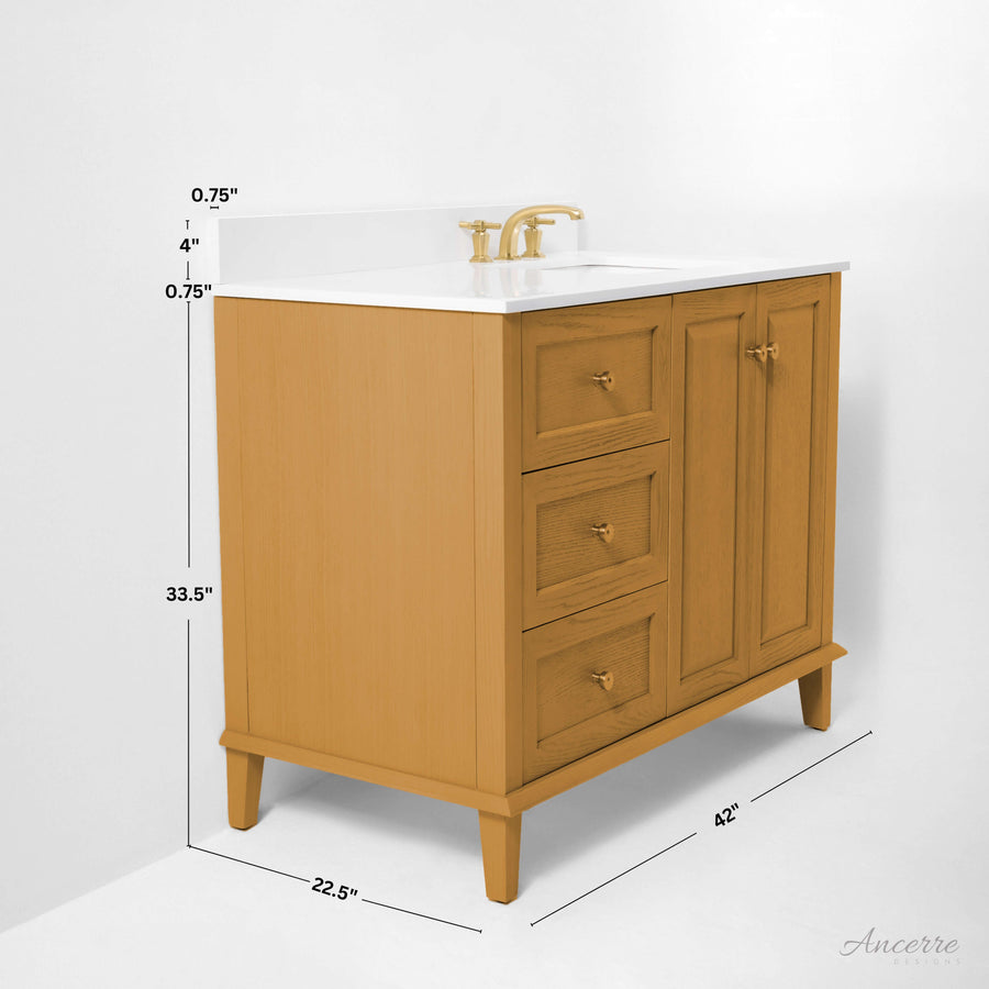 Hannah bathroom vanity in Sienna finish with ample storage and elegant design, featuring three large drawers.