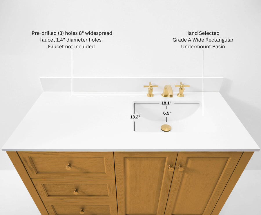 Top view of Hannah Bathroom Vanity showing pre-drilled holes, faucet specs, and under-mount basin details.