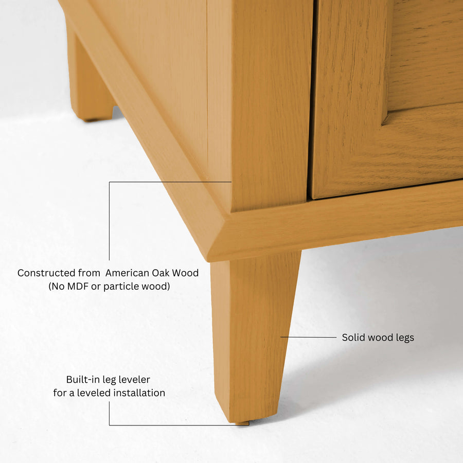 Close-up of Hannah bathroom vanity construction showcasing solid American Oak wood and built-in leg leveler.