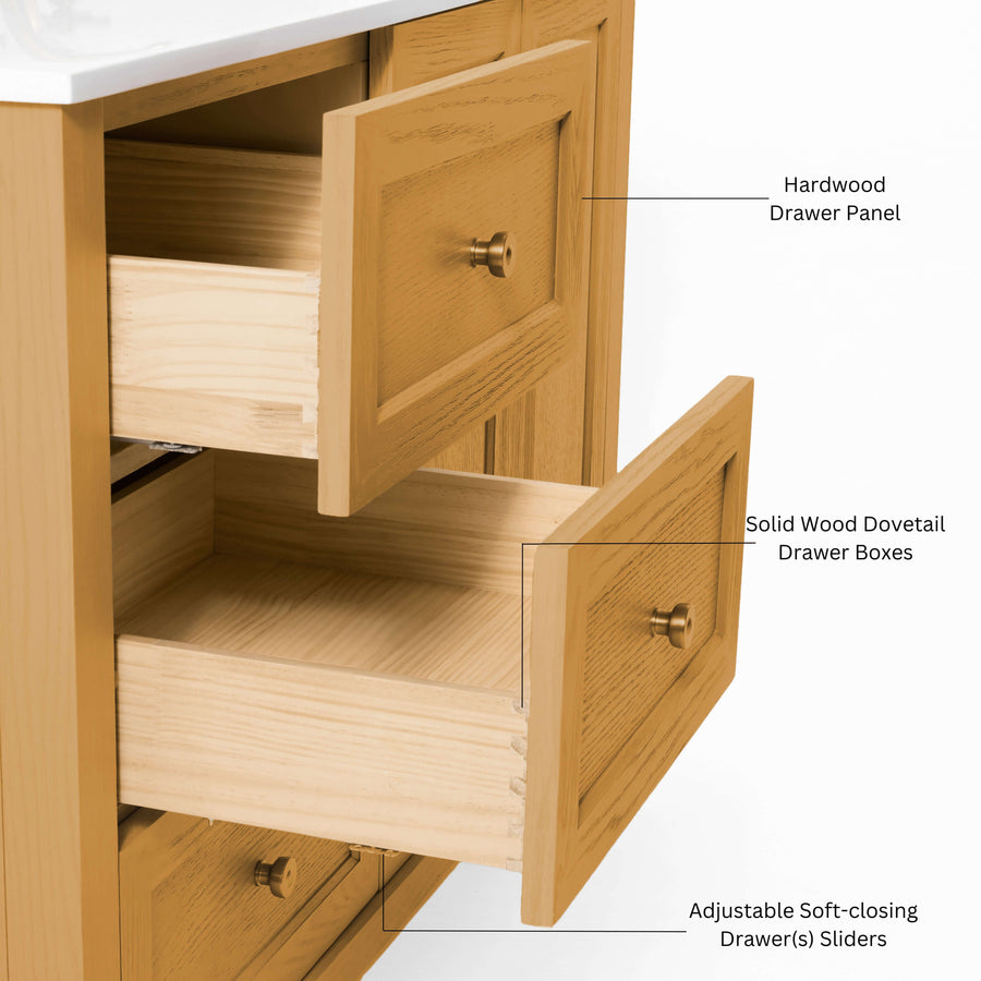 Hannah Bathroom Vanity Collection showing hardwood drawers and soft-close hardware, emphasizing storage and quality craftsmanship