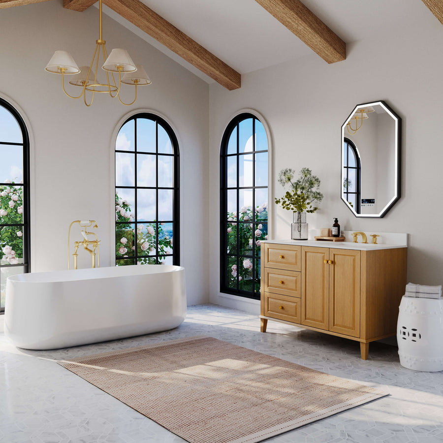 Hannah Bathroom Vanity Collection in Sienna Finish with ample storage in a bright bathroom setting.