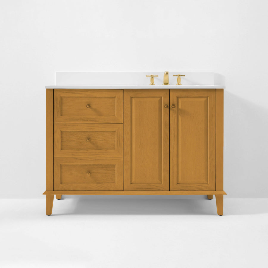 Hannah bathroom vanity in Sienna finish with three large drawers and elegant design, perfect for any modern bathroom.