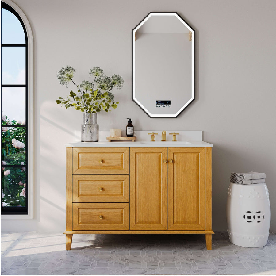 Hannah Bathroom Vanity in Sienna Finish with ample storage and elegant design, featuring three drawers and a mirror.