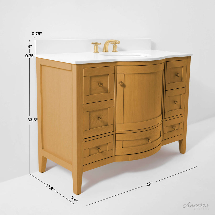 Lauren Bathroom Vanity Collection in Sienna Finish showcasing durable design and dimensions, perfect for any bathroom vanity.