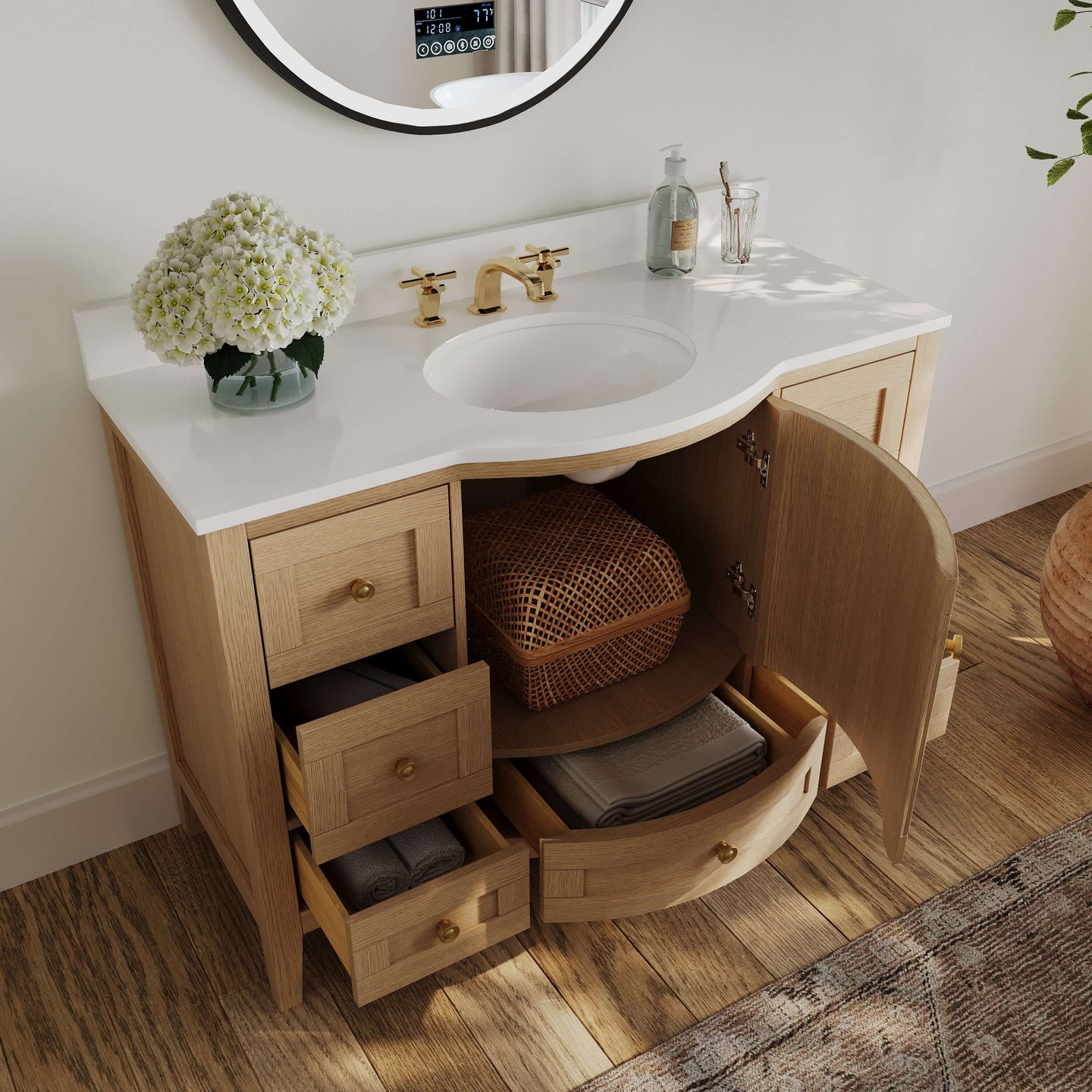 Lauren Bathroom Vanity Collection showcasing a bathroom vanity with ample storage and elegant Carrara White marble top.