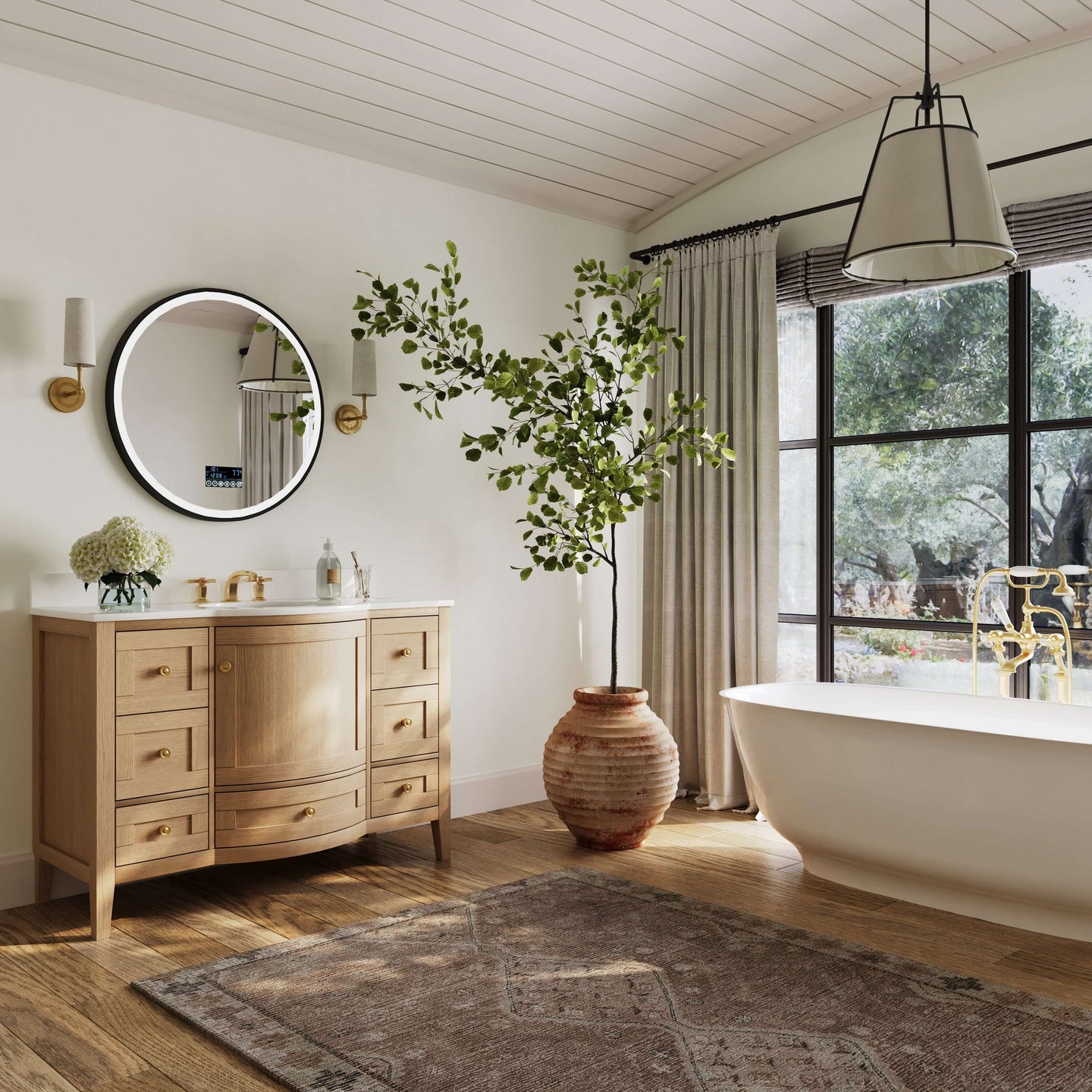 Stylish Lauren Bathroom Vanity with Italian Carrara marble top in a modern bathroom setting featuring greenery.