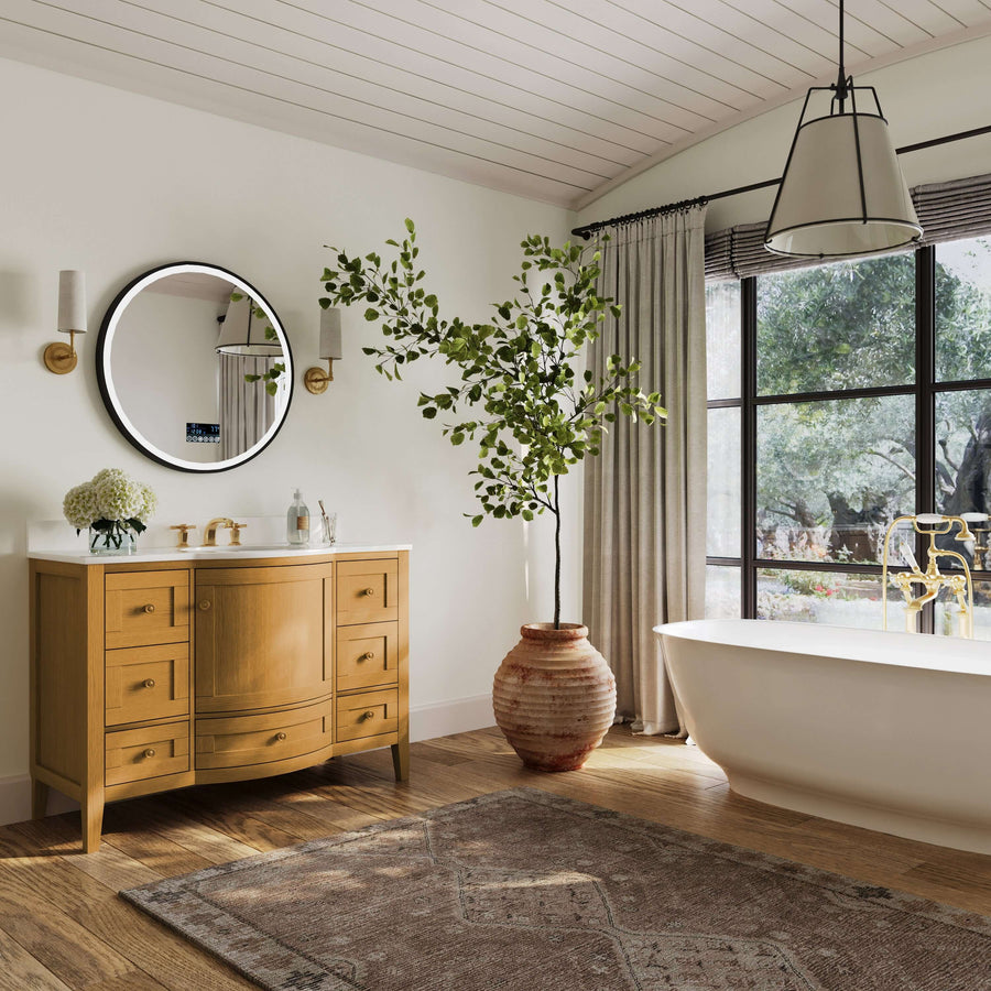 Lauren Bathroom Vanity Collection in Sienna Finish with oval basin and White Quartz top, perfect for any bathroom vanity.