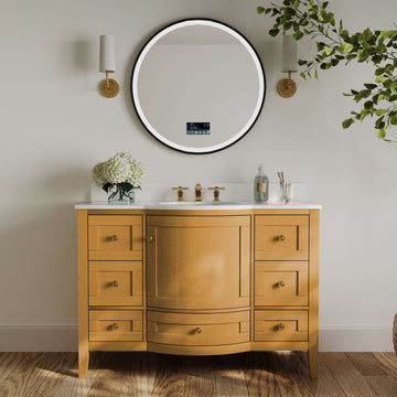 Lauren bathroom vanity in Sienna finish with White Quartz top and oval basin, ideal bathroom vanity for elegant spaces.