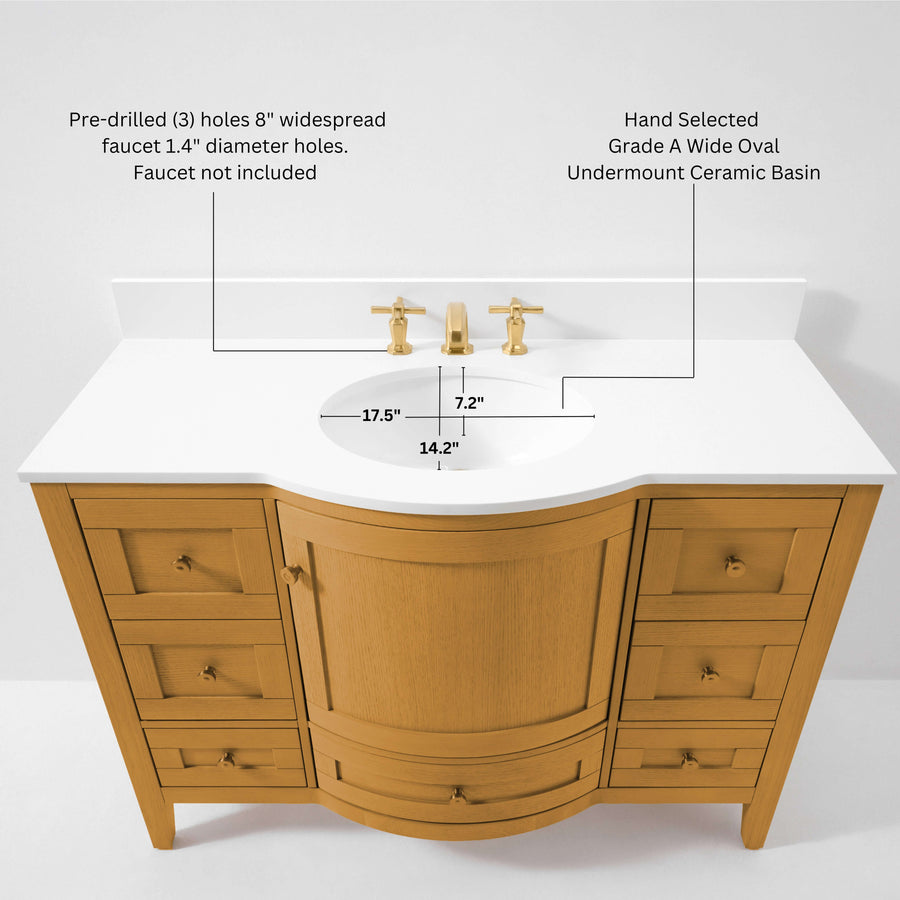 Lauren Bathroom Vanity with Sienna Finish featuring an undermount ceramic basin and detailed measurements.
