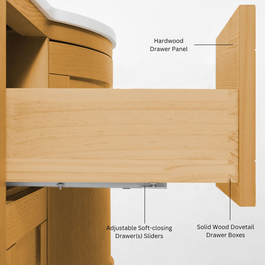 Close-up of Lauren bathroom vanity drawer showcasing hardwood panel, soft-closing sliders, and solid wood dovetail boxes.