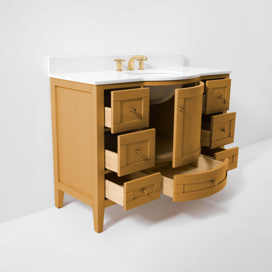 Lauren Bathroom Vanity Collection in Sienna Finish with ample storage and a white quartz top, perfect for any bathroom vanity.