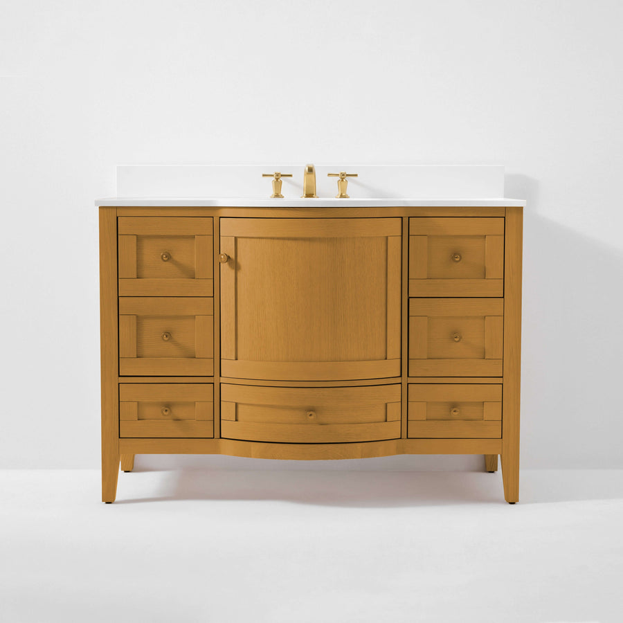 Lauren Bathroom Vanity Collection in Sienna Finish, stylish bathroom vanity with white quartz top and ample storage.