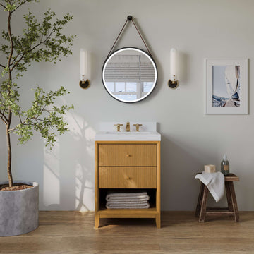 Momo bathroom vanity collection in Sienna finish with modern design and white countertop, featuring stylish storage.