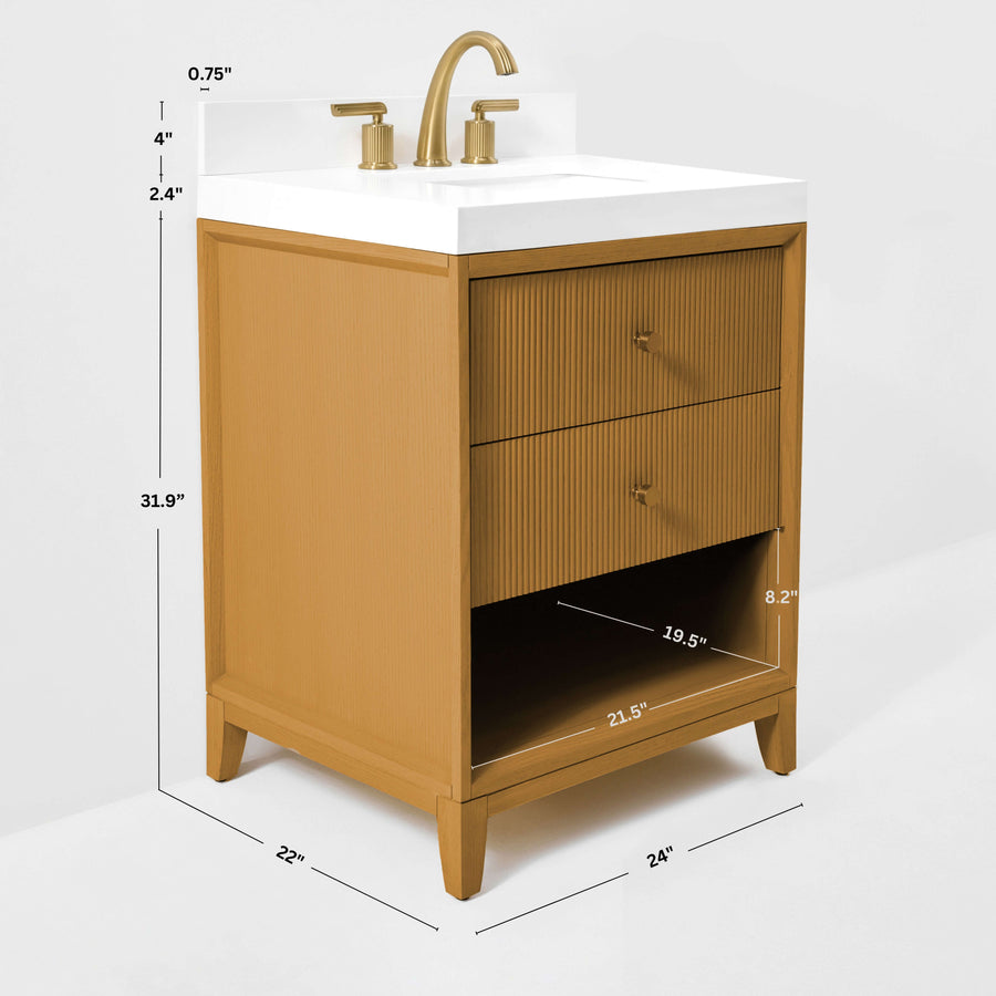 Momo bathroom vanity collection in Sienna finish with quartz countertop and storage drawers.