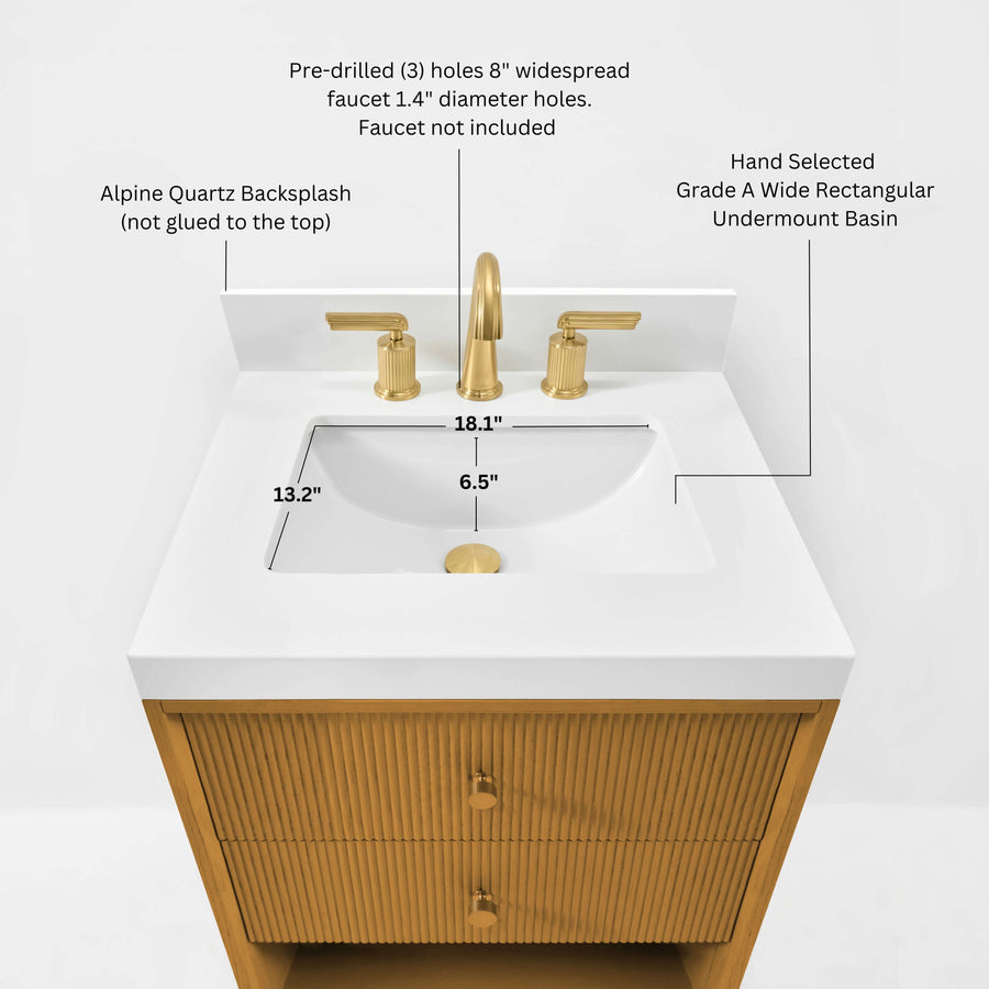 Momo bathroom vanity collection showcasing white quartz countertop and gold faucet with detailed measurements.