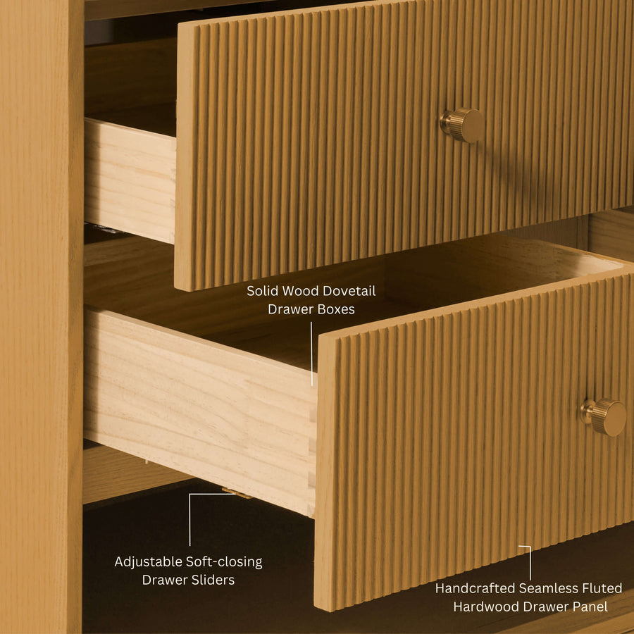 Momo bathroom vanity collection drawer features including adjustable soft-closing sliders and solid wood dovetail boxes.