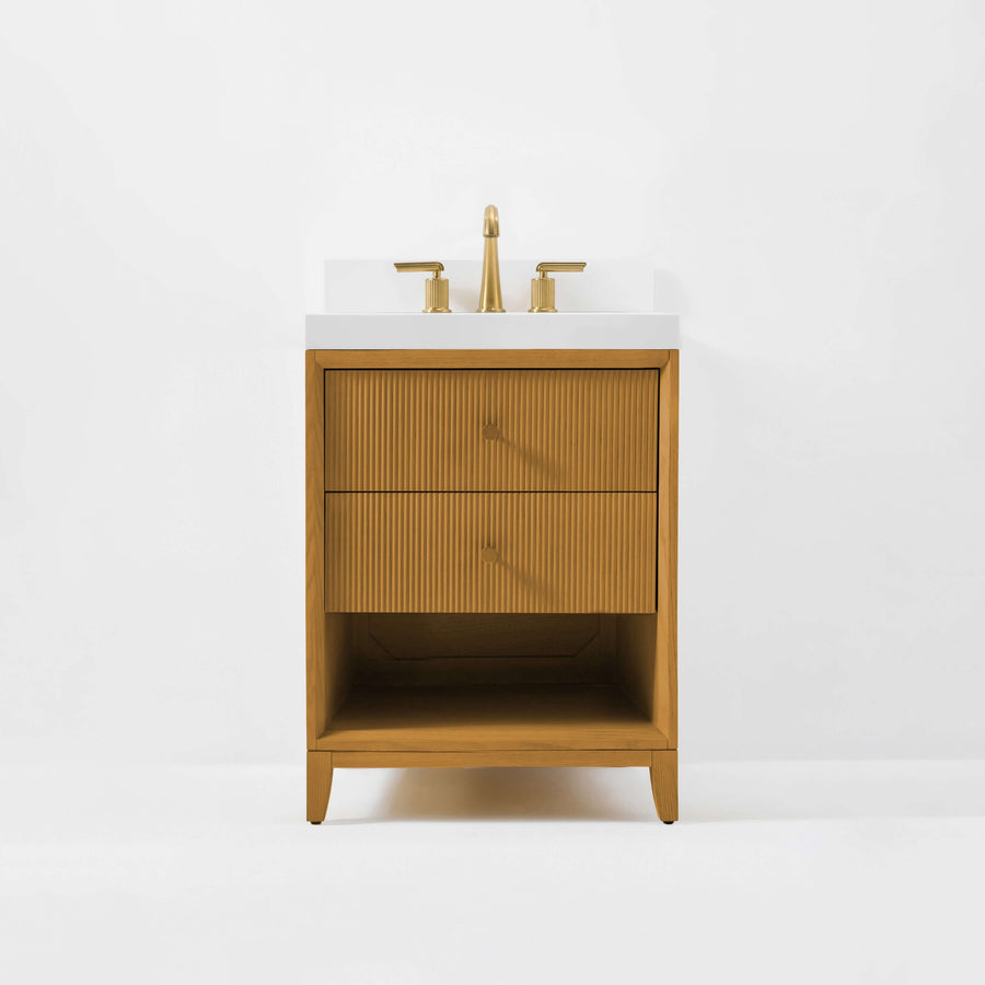 Momo bathroom vanity collection in Sienna finish with quartz countertop and gold knobs