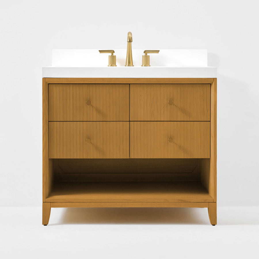 Momo bathroom vanity collection in Sienna finish with quartz countertop and gold-finished knobs.